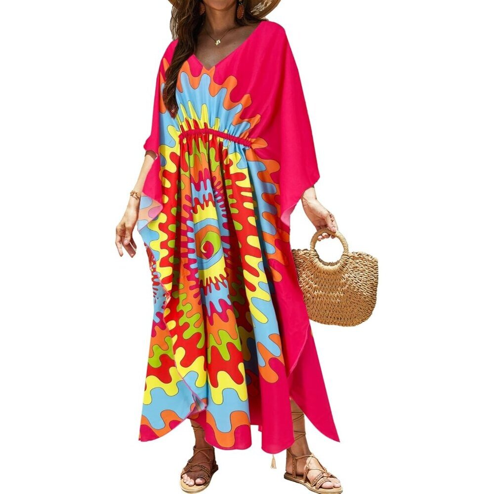 Women's Hot Pink 100% Polyester V Neck Summer Beach Dresses Cover  Caftan Maxi